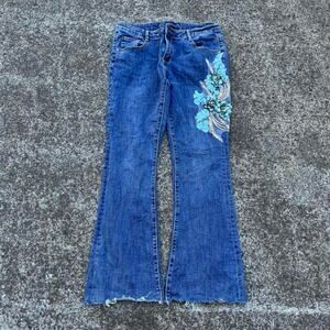 Embroidered Flower Dark Blue Flared Denim Jeans Size 30x28 Streetwear